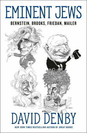 The image is the cover of a book titled Eminent Jews by David Denby. The subtitle lists four names: Bernstein, Brooks, Friedan, Mailer, and features caricature illustrations of the four subjects.