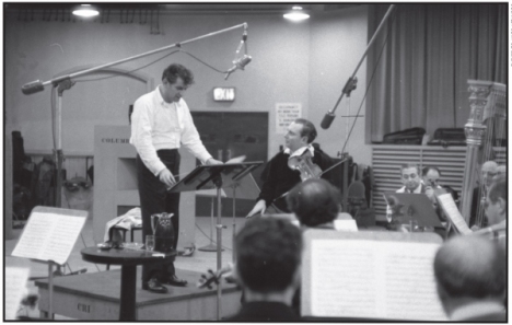 Leonard Bernstein and Isaac Stern recording Serenade with the Symphony of the Air, 1956.