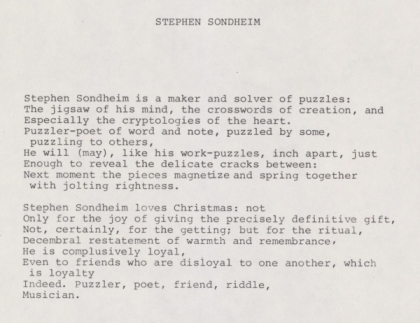 Acrostic Poem for Stephen Sondheim by Leonard Bernstein circa 1958