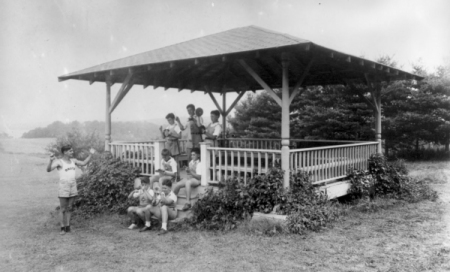 The first known photograph of Bernstein as a conductor. As a camp counselor he is conducting the Camp Onota Rhythm Band, 1937. Courtesy of the Library of Congress Music Division.