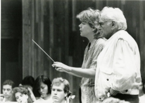 Leonard Bernstein works with Marin Alsop, a conducting fellow at Tanglewood in 1988 and 1989